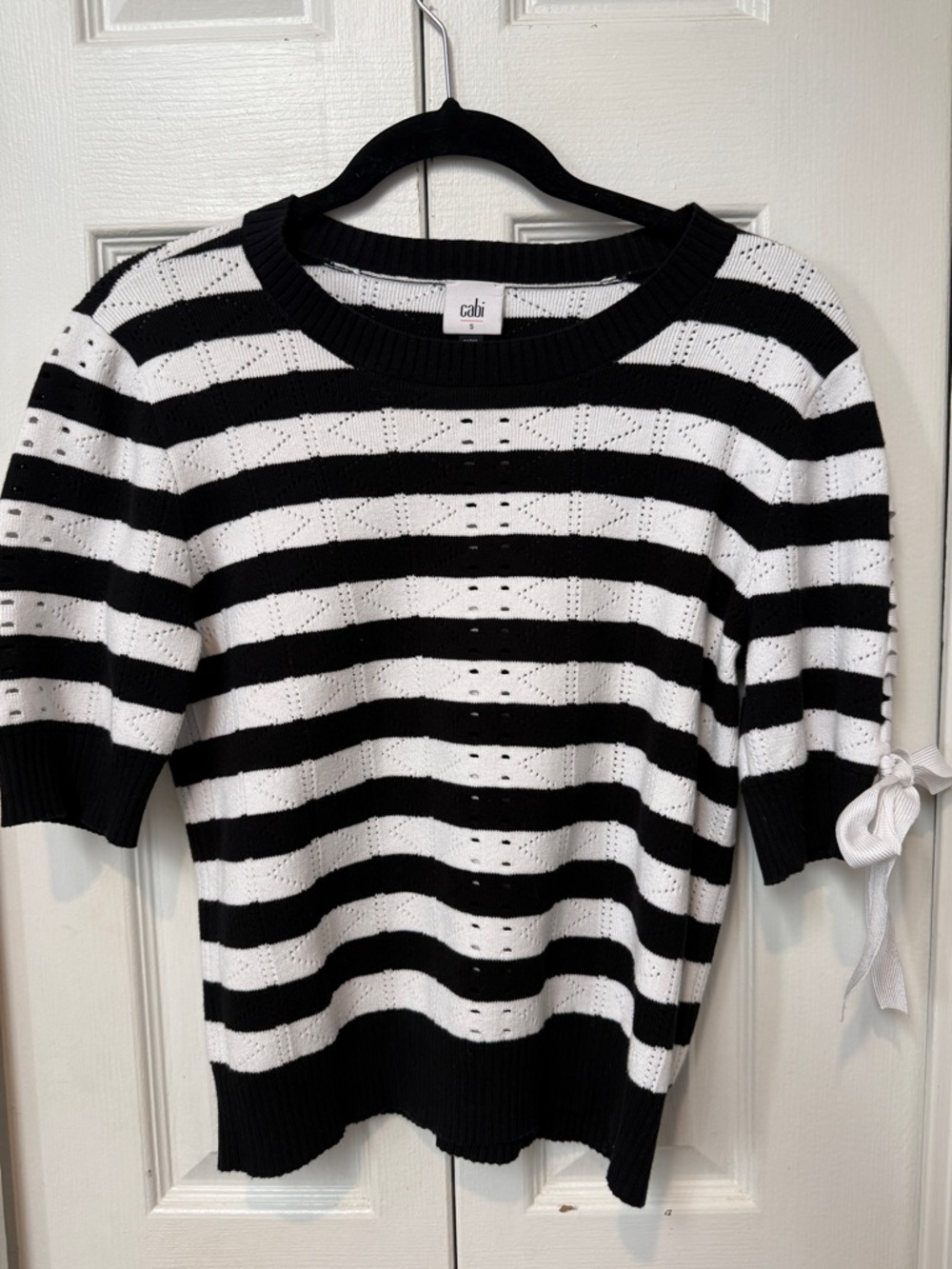 CAbi Black & White Striped Short-Sleeve Crew Sweater with Sleeve Tie
